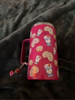 Betsey Johnson Pink Stainless Steel Tumbler with Coffee & Bagel Print